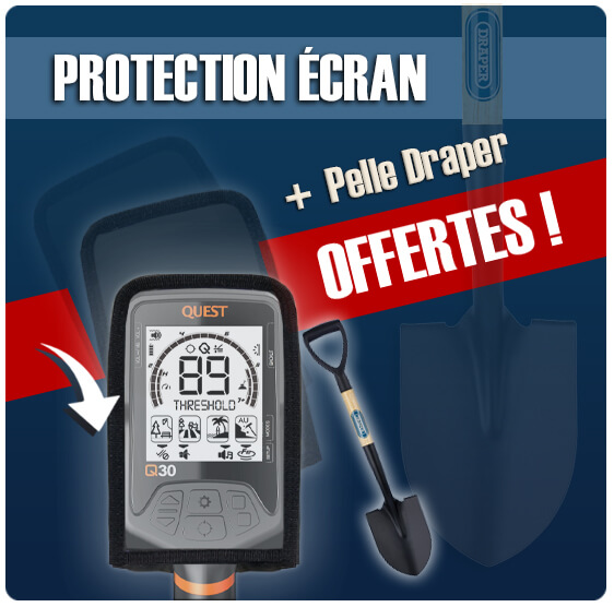 Détecteur de métaux Quest Q30 en promotion, avec pelle et housse de protection offertes