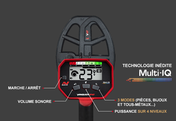 Minelab Vanquish 340 : le detecteur d'entrée de gamme avec le réglage du volume sonore, de la sensibilité et de la discrimination